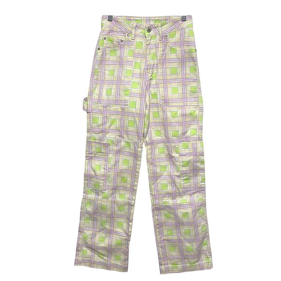 The Ragged Priest Plaid Cargo Utility Jeans Pastel Purple Green Womens 24 Cotton - Picture 1 of 10